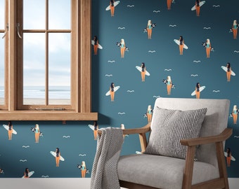 Blue Ocean Surf Wallpaper | Surfer Beach House Peel and Stick Wallpaper