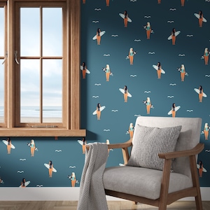 Muted Dark Teal Ocean Surf Wallpaper | Simple Coastal Peel and Stick Wallpaper | Blue Nautical Marine Wall Decor | Surfer Beach House Decor