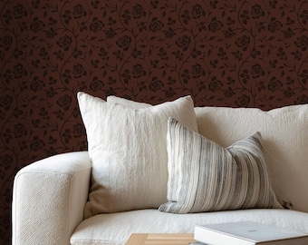 Dark Mahogany Vintage Rose Peel and Stick Wallpaper | Moody Victorian Floral Wall Covering