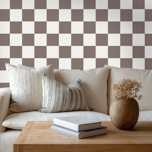Classic Checkerboard Wallpaper in Brown Taupe and Off-White | Neutral Checker Peel and Stick Wallpaper | Modern Geometric Check Wallpaper