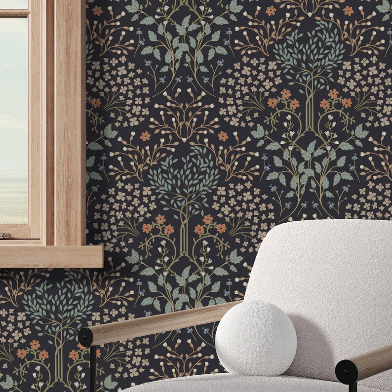 This image showcases the wallpaper pattern in an accent chair mockup. The wallpaper pattern features an intricate floral design inspired by William Morris.