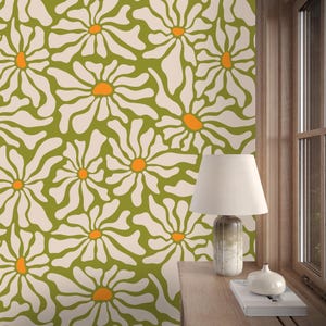 Groovy Flower Power Wallpaper | Funky Floral Retro Peel and Stick Mural | 70s Psychedelic Hippie Wallpaper | Green Eclectic Boho Wall Decor