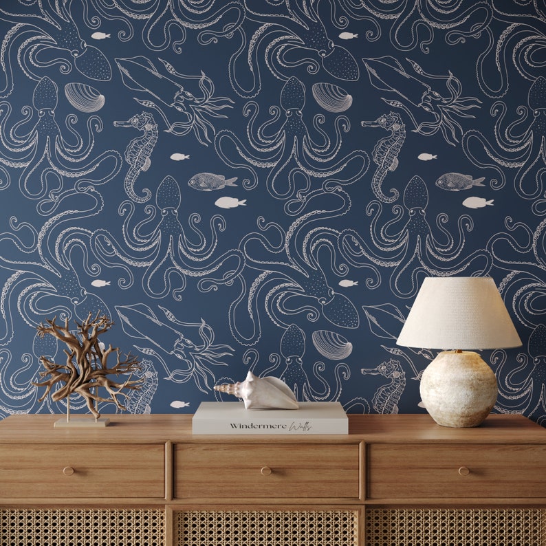 Buy Subtle Dark Navy Blue Ocean Animals Wallpaper Nautical Under the Sea Peel and Stick