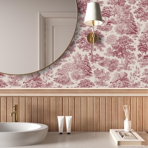 Muted Red Vintage Toile Tree Wallpaper | Rustic Woodland Cottage Peel and Stick Wallpaper | Elegant Light Beige Forest Landscape Wallpaper