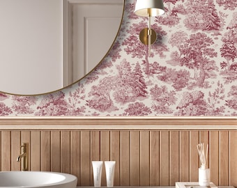 Muted Red Vintage Toile Tree Wallpaper | Rustic Woodland Cottage Peel and Stick Wallpaper | Elegant Light Beige Forest Landscape Wallpaper