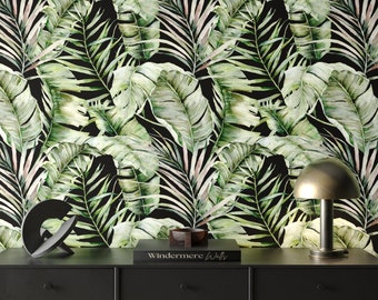 Dark Tropical Palm Leaves Wallpaper | Watercolor Banana Leaves Wallpaper | Tropical Foliage Peel & Stick Wallpaper | Pastel Green Wall Decor