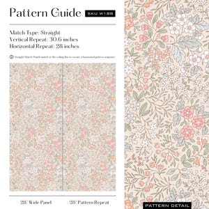 This is an image of the Pattern Guide, which provides technical information about the wallpaper pattern. It has a straight match type, a 30.6-inch vertical repeat, and a 28-inch horizontal repeat.