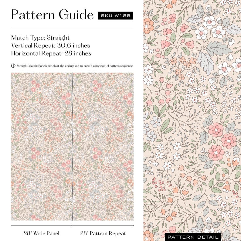 This is an image of the Pattern Guide, which provides technical information about the wallpaper pattern. It has a straight match type, a 30.6-inch vertical repeat, and a 28-inch horizontal repeat.