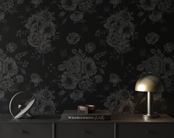Subtle Black Floral Gothic Wallpaper | Luxury Dark Grey Flower Peel & Stick Wallpaper | Moody Dark Academia Wallpaper | Victorian Wall Decor