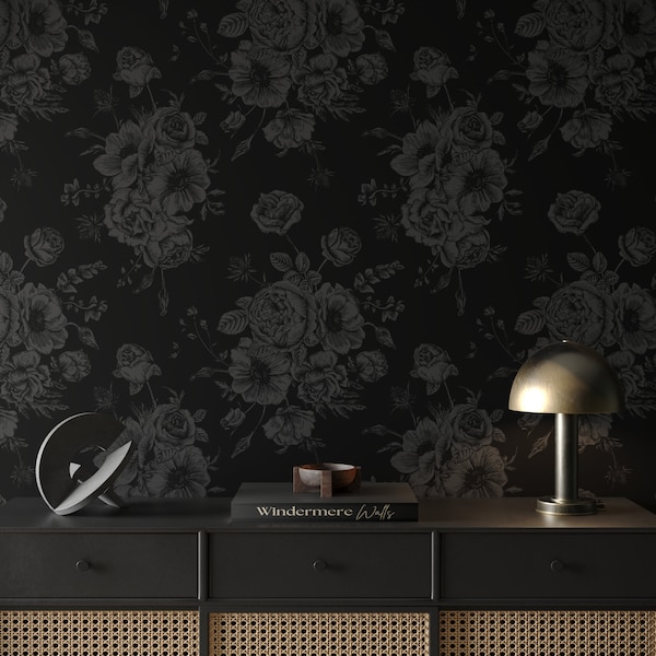 Subtle Black Floral Gothic Wallpaper | Luxury Dark Grey Flower Peel & Stick Wallpaper | Moody Dark Academia Wallpaper | Victorian Wall Decor