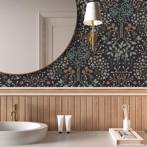 This image showcases the wallpaper pattern in a bathroom mockup. The wallpaper pattern features an intricate floral design inspired by William Morris.