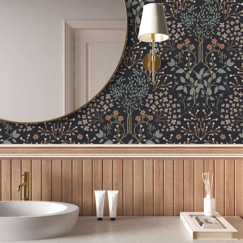 This image showcases the wallpaper pattern in a bathroom mockup. The wallpaper pattern features an intricate floral design inspired by William Morris.