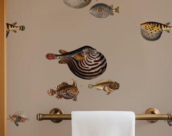 Sandy Beige Vintage Fish Wallpaper: Coastal Bathroom Wallpaper, Sea Life Wallpaper for Powder Room