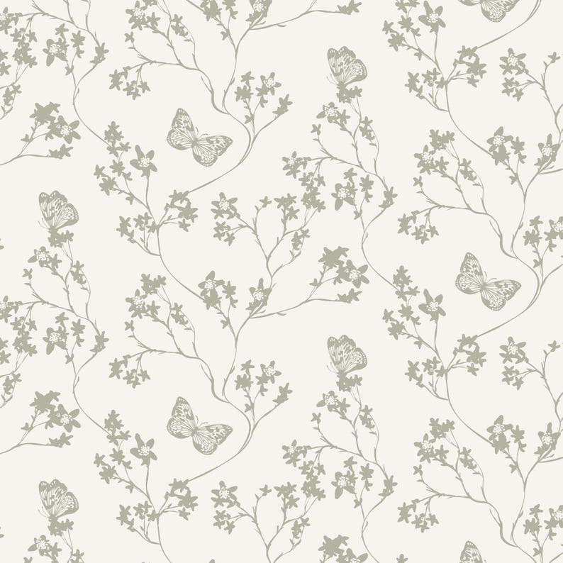 Sage Green Floral Butterfly Wallpaper: Vintage-style Botanical ...