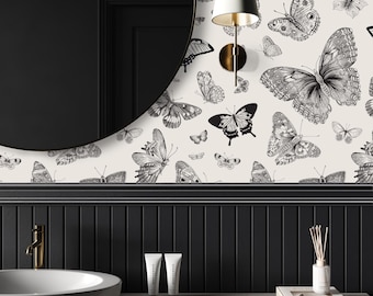 Black and White Vintage Butterfly Wallpaper | Premium Traditional Moth Wallpaper | Bold Bathroom Wallpaper | Vinyl Peel and Stick Wallpaper