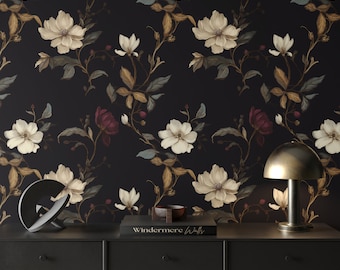 Vintage Dark Floral Wallpaper | Purple Flower Wallpaper | Luxury Cream Floral Wallpaper | Black Minimalist Wallpaper | Watercolor Wall Decor
