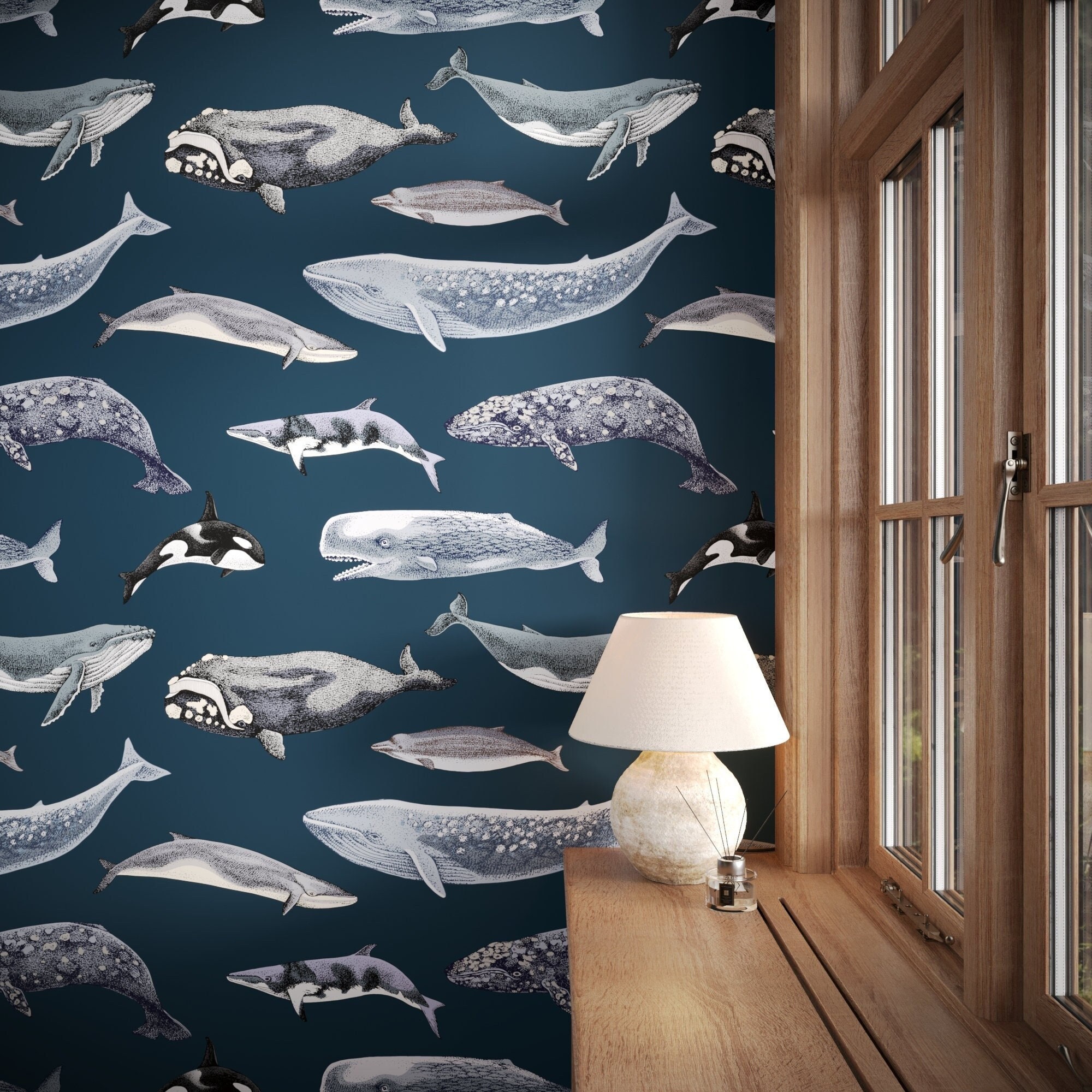 Vintage Dark Blue Marine Animals Wallpaper | Nautical Sea Life Nursery Peel and Stick Wallpaper with Whales | Coastal Beach House Wall Decor