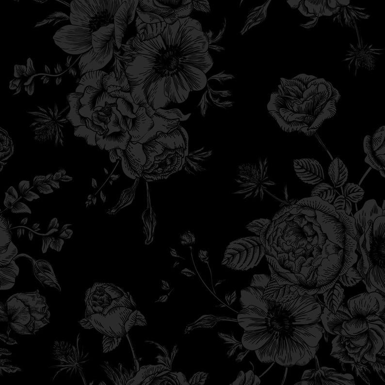 This image provides a close-up view of the wallpaper pattern, which has a solid black background with subtle dark grey floral illustrations.
