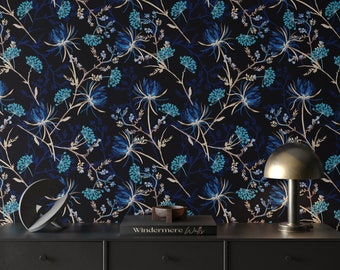 Dark Botanical Wallpaper Peel and Stick Floral | Navy Blue Wallpaper | Oriental Wallpaper | Dark Garden Wallpaper | Whimsical Wallpaper
