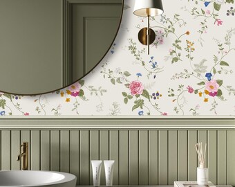 Romantic Floral Vine Wallpaper | Vintage Flower Vines Peel and Stick | Chic French Country Bathroom Wallpaper | Elegant Victorian Wall Decor