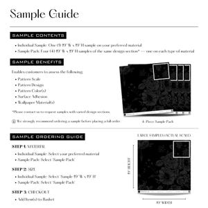This is an image of the Sample Guide, which provides comprehensive information about our samples. We offer individual 19" x 19" samples and a 4-piece sample pack.
