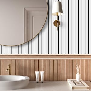 Minimal Vertical Stripe Wallpaper | Black and White Striped Peel and Stick | Modern Self-Adhesive Bathroom Wallpaper | Neutral Wall Covering