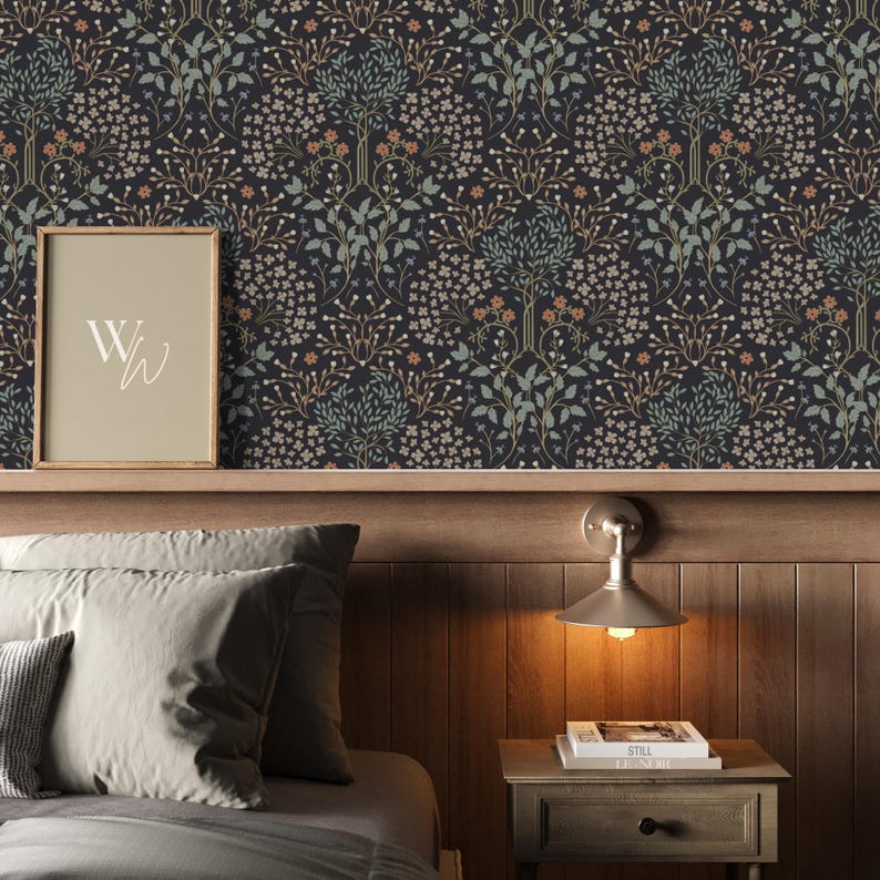 This image showcases the wallpaper pattern in a bedroom mockup. The wallpaper pattern features an intricate floral design inspired by William Morris.