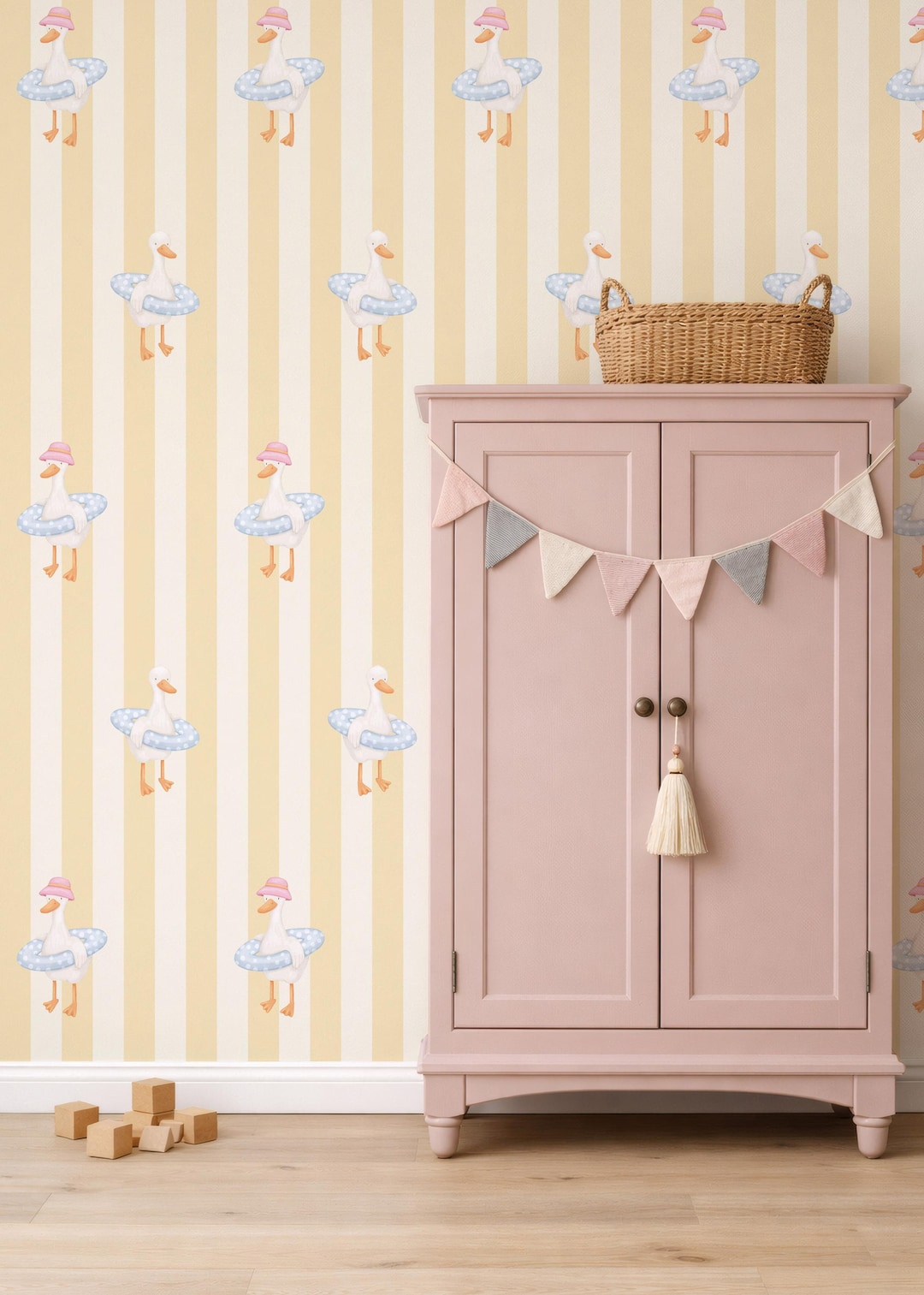 Striped Silly Goose Wallpaper: Yellow Kids Room Decor, Gender Neutral ...