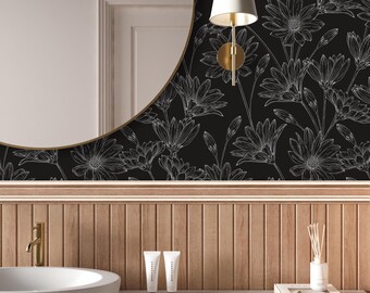 Moody Black and Grey Floral Peel and Stick Wallpaper | Dark Botanical Cottage Core Wall Decor