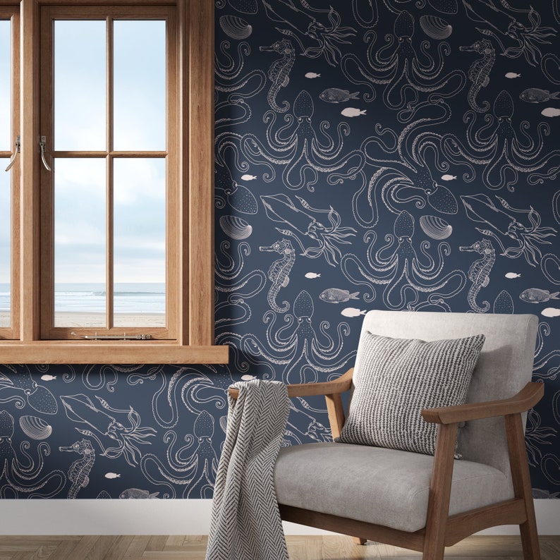 Buy Subtle Dark Navy Blue Ocean Animals Wallpaper Nautical Under the Sea Peel and Stick