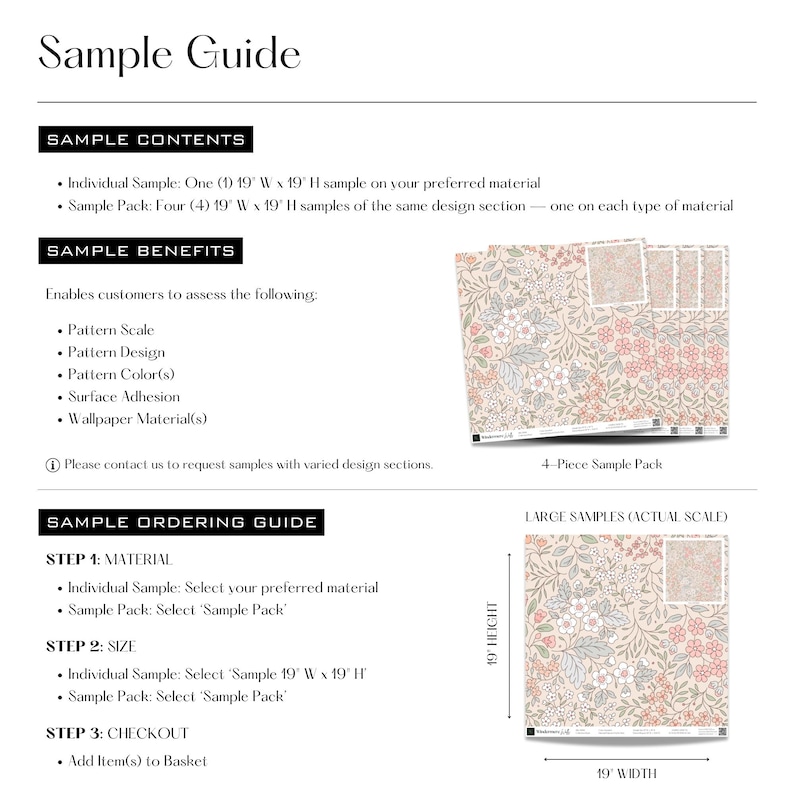 This is an image of the Sample Guide, which provides comprehensive information about our samples. We offer individual 19" x 19" samples and a 4-piece sample pack.