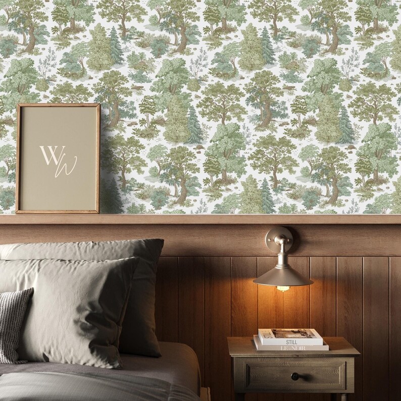 Buy Vintage Woodland Forest Wallpaper Muted Green Scenic Tree Wallpaper