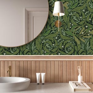 William Morris Green Botanical Wallpaper | Moody Botanical Peel Stick | Enchanted Forest Wallpaper Mural | Whimsical Dark Cottagecore Decor