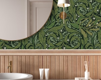 William Morris Green Botanical Wallpaper | Moody Botanical Peel Stick | Enchanted Forest Wallpaper Mural | Whimsical Dark Cottagecore Decor