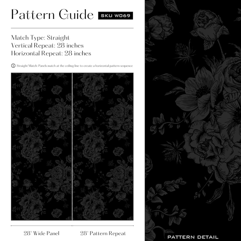 This is an image of the Pattern Guide, which provides technical information about the wallpaper pattern. It has a straight match type, a 28-inch vertical repeat, and a 28-inch horizontal repeat.