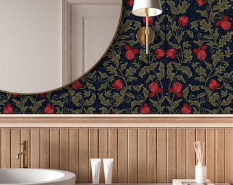 William Morris Dark Whimsical Wallpaper | Moody Floral Peel and Stick | Maximalist Botanical Wallpaper | Dark Academia Whimsigoth Wall Mural