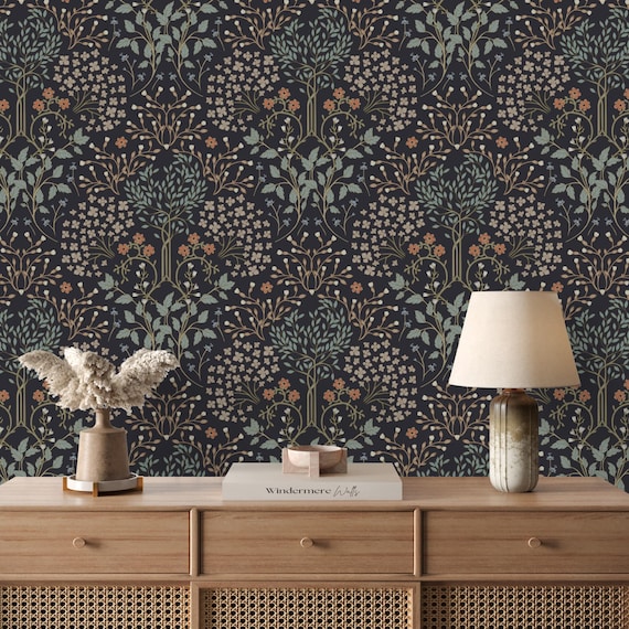 Moody William Morris Floral Wallpaper | Dark Botanical Peel and Stick Mural | Dark Academia Victorian Wallpaper | Art Nouveau Wall Decor