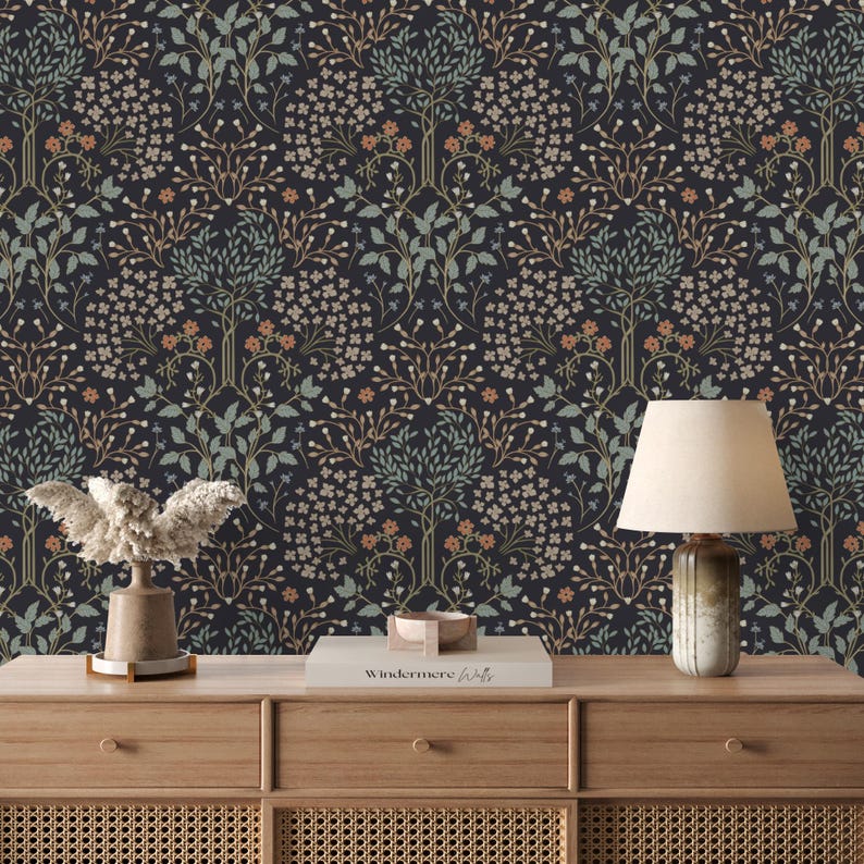 This image showcases the wallpaper pattern in an accent table mockup. The wallpaper pattern features an intricate floral design inspired by William Morris.