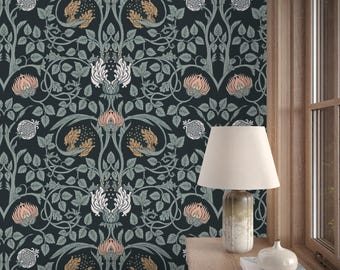 William Morris Dark Floral Wallpaper | Moody Art Nouveau Peel and Stick Mural | Vintage Botanical Wallpaper | Dark Academia Victorian Decor