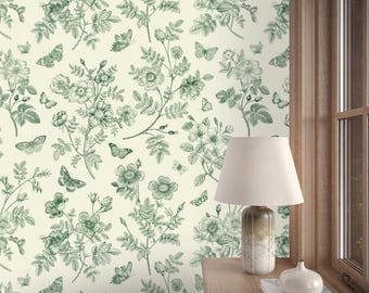 Subtle Vintage Butterfly Wallpaper | Light Cream Floral Peel and Stick Wallpaper | Muted Green Botanical Wallpaper | Elegant Toile Wallpaper