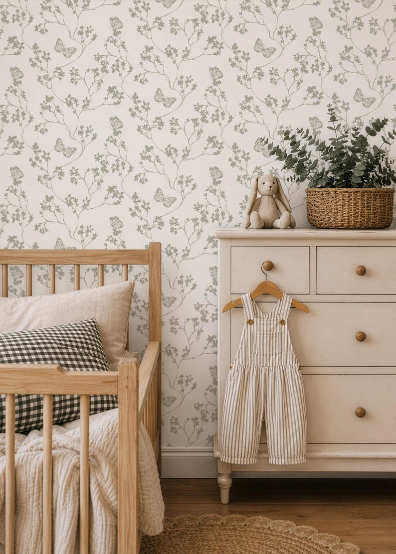 Sage Green Floral Butterfly Wallpaper: Vintage-style Botanical ...