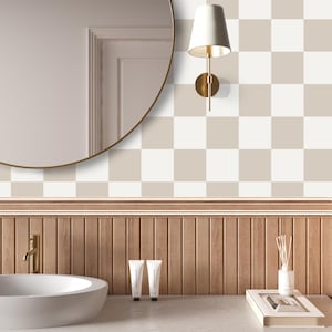 Warm Beige and Off-White Checkered Wallpaper | Neutral Checkerboard Peel and Stick | Minimal Check Wallpaper | Checkered Nursery Wall Decor