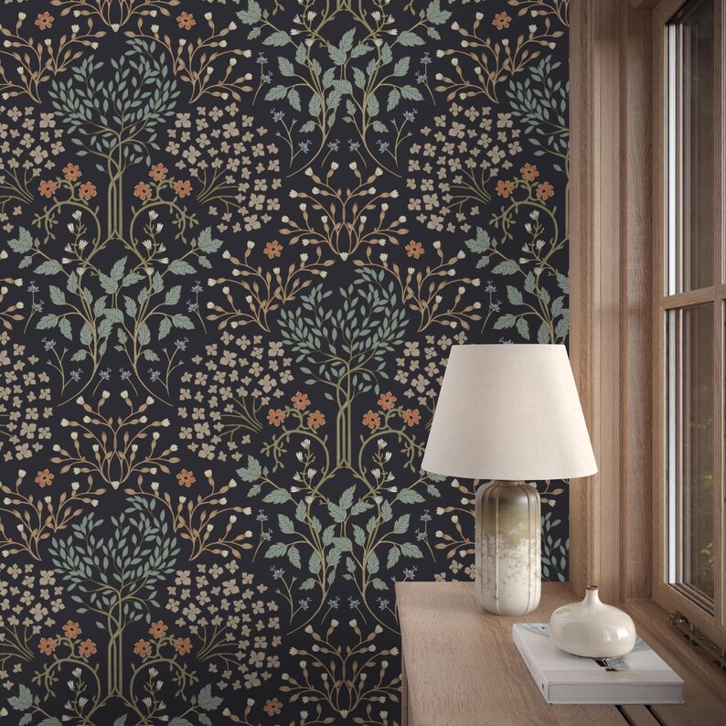 This image showcases the wallpaper pattern in an accent wall mockup. The wallpaper pattern features an intricate floral design inspired by William Morris.