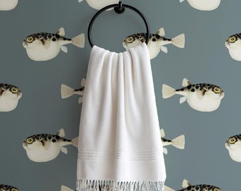 Blue Pufferfish Peel and Stick Wallpaper: Coastal Bathroom Wallpaper, Ocean Life Powder Room Wall Decor