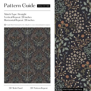 This is an image of the Pattern Guide, which provides technical information about the wallpaper pattern. It has a straight match type, a 28-inch vertical repeat, and a 28-inch horizontal repeat.