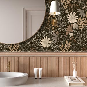 Dark Brown Vintage Floral Wallpaper | Moody Floral Peel and Stick Mural | Earthy Botanical Bathroom Wallpaper | Beige Boho Flower Wall Decor
