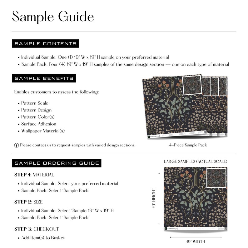 This is an image of the Sample Guide, which provides comprehensive information about our samples. We offer individual samples and a 4-piece sample pack.