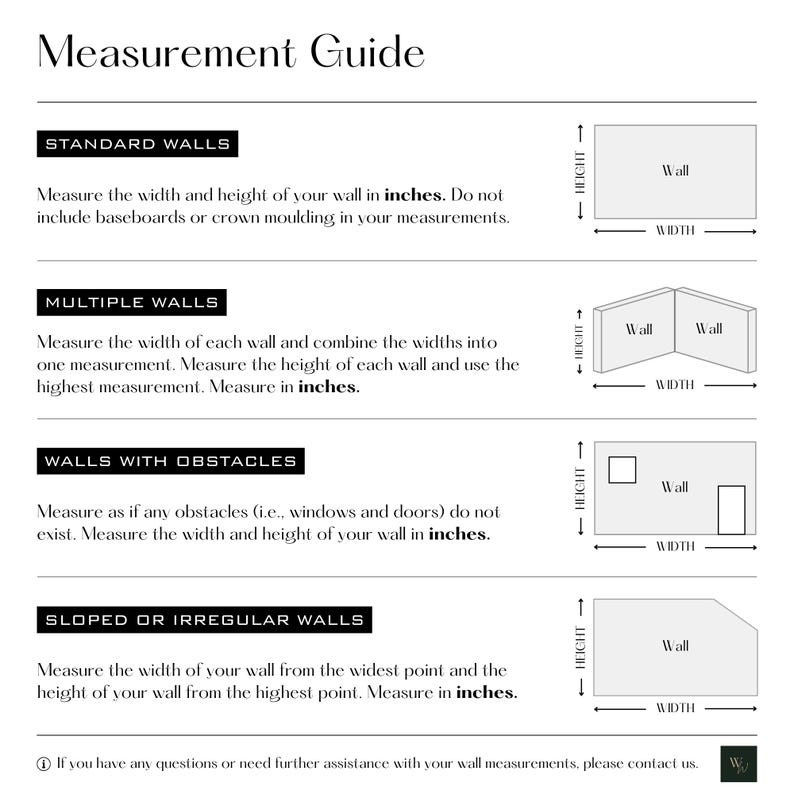 This is an image of the Measurement Guide, which provides detailed instructions for different types of wall measurements. Please contact us if you have any questions or if you need help with your measurements.