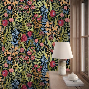 Moody Whimsical Wildflower Wallpaper | Dark Floral Peel and Stick Mural | Maximalist Botanical Wildflower Wallpaper | Dark Cottagecore Decor