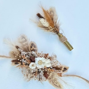 Feather and Wildflower Wrist Corsage and Bullet Boutonniere Set, Fall Autumn Corsage and Boutonniere Set, Brown Black Cream Rust